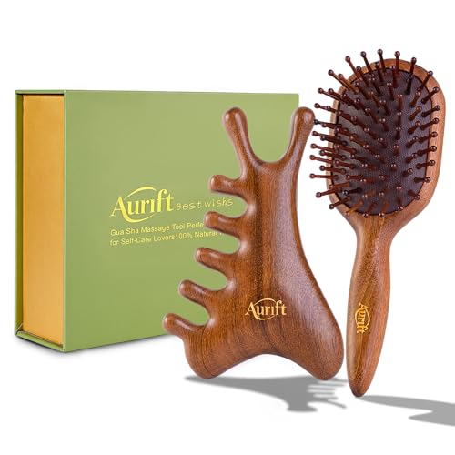 4-in-1 Wooden Gua Sha Facial Tools & Hair Detangler Brush Set ? Manual Guasha tool for Face & Jawline Lifting, Double Chin Reduction, Scalp & Head Massager, Eye & Ear Acupressure, Gift for Women
