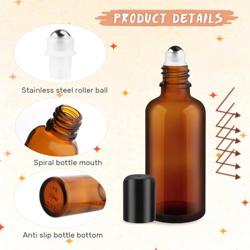 12 Pcs 50ml/1.7oz Amber Glass Essential Oil Bottles with Stainless Steel Roller Ball Refillable Roll-on Bottles Leak-proof Containers for Lotion Deodorant Massage Oil Perfume