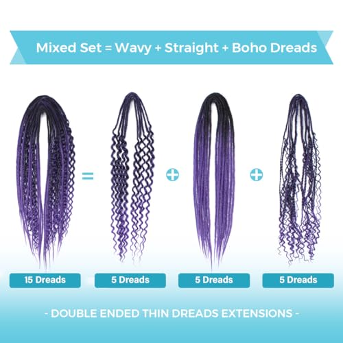 24 Inch 3-in-1 Mixed Double Dreadlock Extensions - Ombré Purple, 15 Pieces, DE-24 Inch
