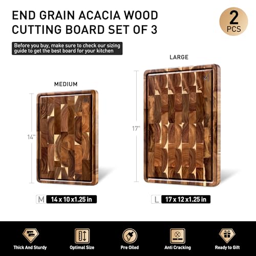 Set of 2 End Grain Acacia Wood Cutting Boards with Non-Slip Feet | Durable Kitchen Prep