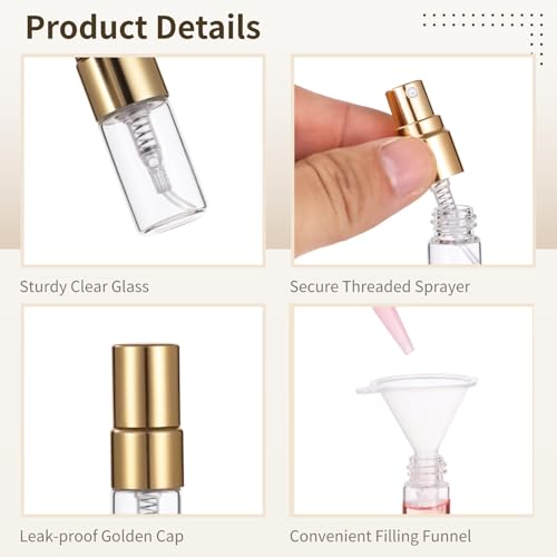 Lnrueg 100 Pcs Mini Spray Bottles, 0.07 oz/2 ml Refillable Glass Perfume Bottles, Portable Travel Sample Containers with Caps, Fine Mist Atomizers with 4 Funnels and 4 Dispensers, Gold