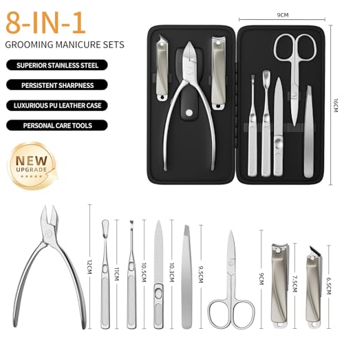 8-in-1 Manicure Pedicure Grooming Kit Stainless Steel Nail Clipper with Leather Case