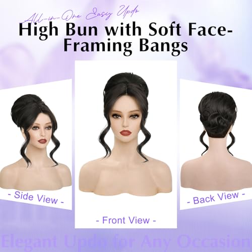 Messy Bun Hair Piece with Bangs 2-in-1 Black Brown Updo Wig - Natural Look