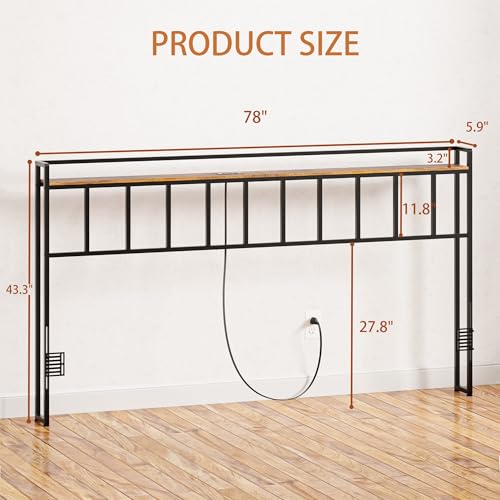 King Headboard with LED Lights and USB Outlets - Rustic Brown, Adjustable Height