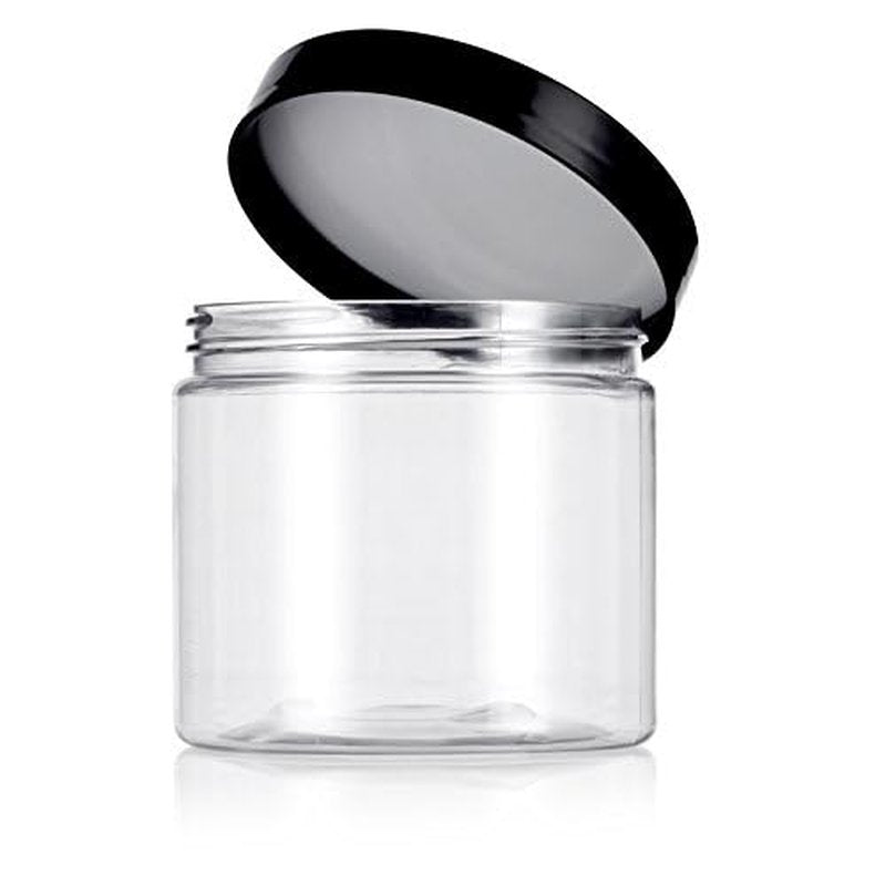 16 oz Clear PET Plastic (BPA Free) Large Refillable Jar with Black Smooth Lids (6 pack)