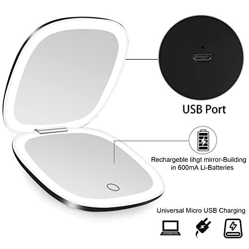 Lighted Travel Compact Mirror with 1X/10X Magnification & Dimmable LED Light - Black
