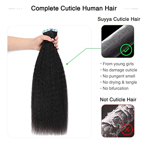 Kinky Straight Tape-In Hair Extensions 12 Inch Jet Black - Natural Remy Human Hair, Seamless & Lightweight, Variation of 12 Inch / #1B Natural Black_KS