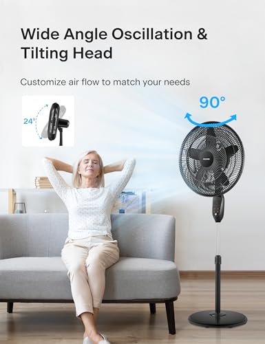 18 Inch Adjustable Oscillating Pedestal Fan with Remote Control - Black, 5 Blades