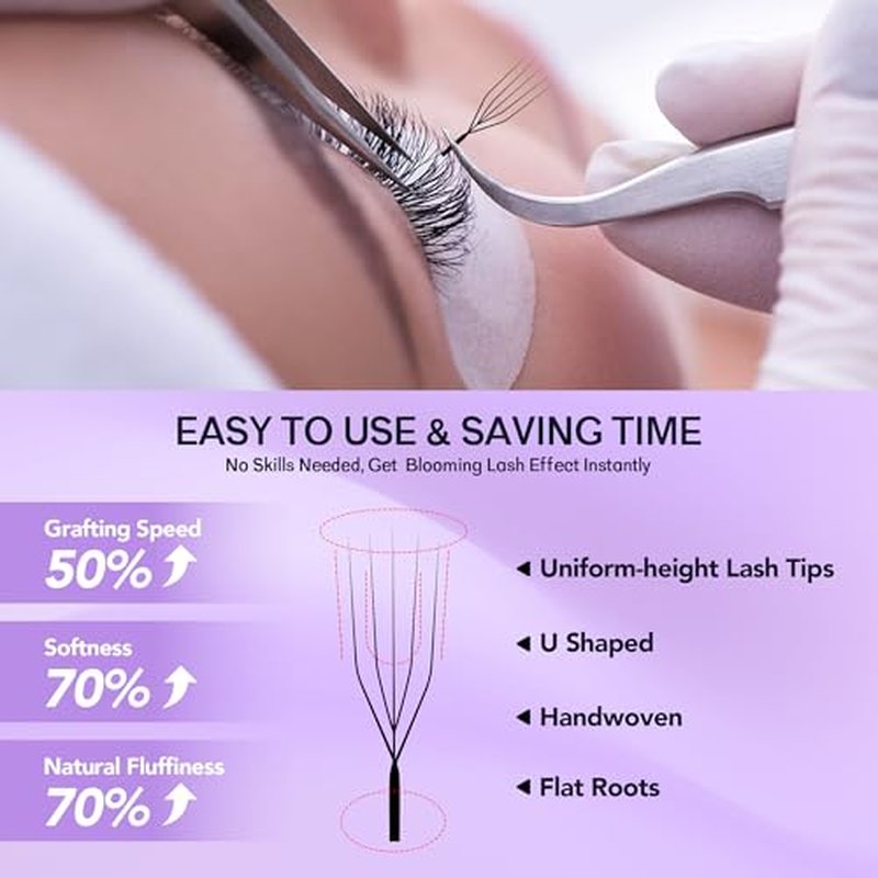 5D U Shape Lash Extensions Easy Fan Russian Volume U Eyelash C/D Curl 0.07mm Natural U Shaped 12 Rows Premade Eye Lashes Supply(Black,0.07C,8-14mm)