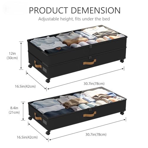 Under Bed Storage Container with Wheels 75L XXL 4-Pack Black - Adjustable & Durable