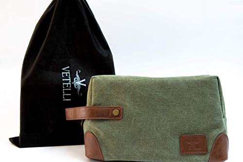 Vetelli Vintage Canvas Toiletry Bag - Green Travel Dopp Kit Waterproof & Durable
