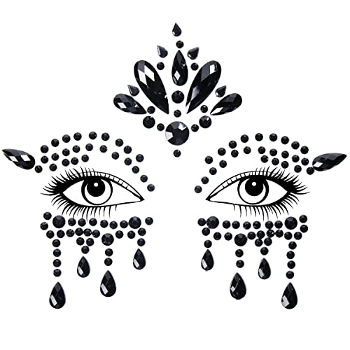 Bowitzki Halloween Face Jewels Festival Design Women Mermaid Face Gems Rhinestone Crystals Stickers Eyes Body Temporary Tattoos (Black-B)