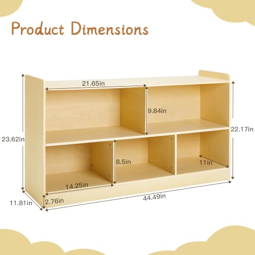 Wooden Montessori Shelf for Kids - Toddler Bookcase & Toy Storage Organizer, Natural Finish, 5-Section Kids Room Storage