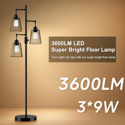 PESRAE Matte Black Dimmable Industrial Floor Lamp with Teardrop Cage Heads & 3 LED Bulbs
