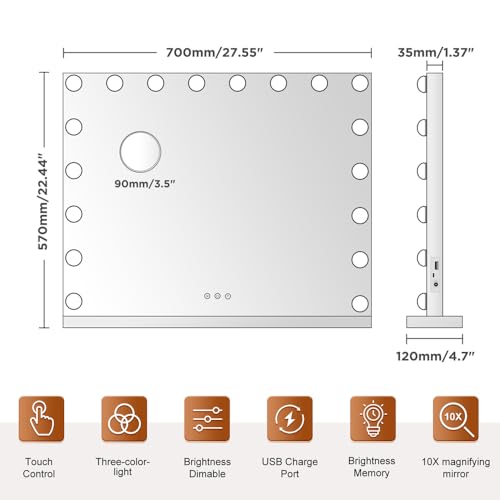 26x22 Inch Hollywood Vanity Mirror with 18 Dimmable LED Bulbs - Wall or Desk Mount