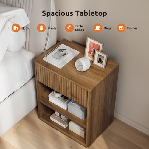 Nightstand Bedside Table with Drawer & Open Shelf - Walnut Brown, Large Mid Century Modern Night Stand with Fluted Wood Storage, Set of 1