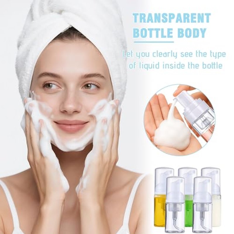 50 Pcs Foam Pump Bottle 1 oz Small Size Mousse Foam Soap Dispenser,Clear Plastic Empty Refillable Mini Foam Pump Bottle for Face Wash Shampoo Skin Care with 160 Labels£¨30 ml£©