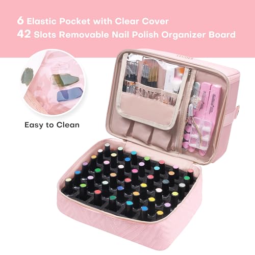 Pink Nail Polish Organizer Bag Holds 42 Bottles with Adjustable Compartments