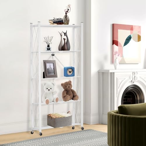 White 5-Tier Folding Storage Shelf with Wheels - No Assembly, Heavy Duty Steel