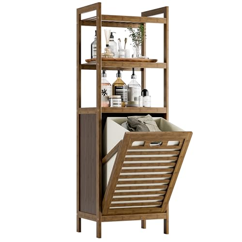 Bamboo Tilt Out Laundry Hamper Cabinet with Removable Basket - Walnut - Space Saving Bathroom Storage