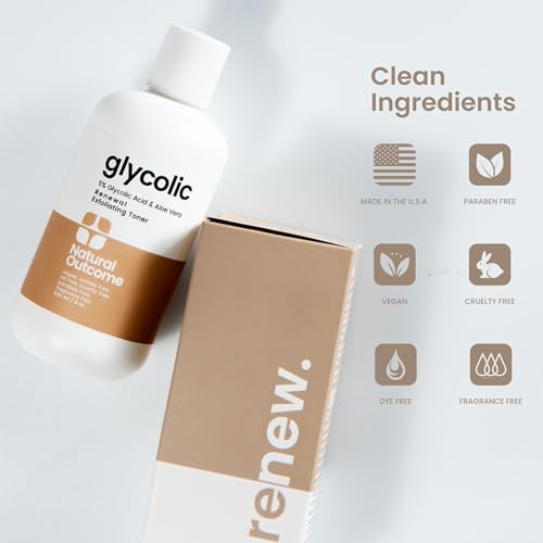 Natural Outcome Glycolic Acid Toner 5% for Face | Gentle Exfoliating Toner - with Aloe Vera & Quinoa Extract | Advance Anti-Aging Toning Solution Rejuvenates Skin & Minimizes Pore Appearance | 8 oz