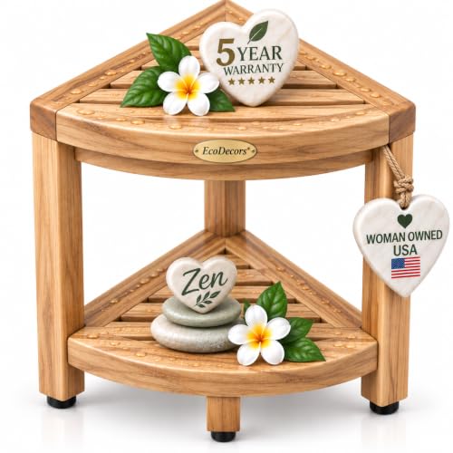 Corner Shower Stool with Shelf - Solid Teak 2-Tier Teak Shower Corner Shelf