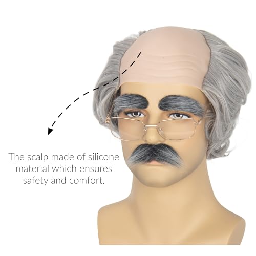 Grey Grandpa Old Man Wig with Mustache Eyebrows Glasses - Costume Accessory