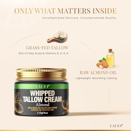Whipped Tallow Cream 100% Grass-Fed Beef With Raw Almond Non-Greasy Deeply Moisturizer for Face Body Reduces Skin Irritation Sensitivity Smooth Soft Dry Skin Hydrating Treatment for Women 4oz