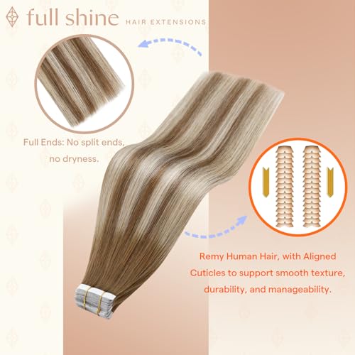 Full Shine Tape-In Hair Extensions Brown Caramel Blonde Ombre 12 Inch - Ash Brown to Ash Blonde Variation