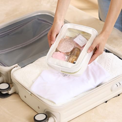 Clear Makeup Bags Set - 6 Pcs Cream White Travel Toiletry Organizer 21x15x6cm - Waterproof Nylon PVC