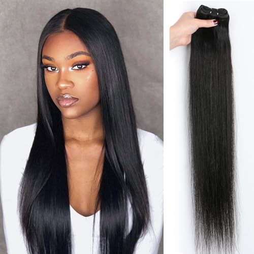 Brazilian Hair Extensions - 16 Inch Natural Color Virgin Remy Human Hair Bundles with Double Weft - No Shedding