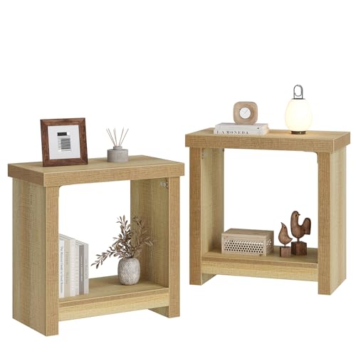 Natural End Tables Set of 2 - Narrow Side Tables with Storage Shelves