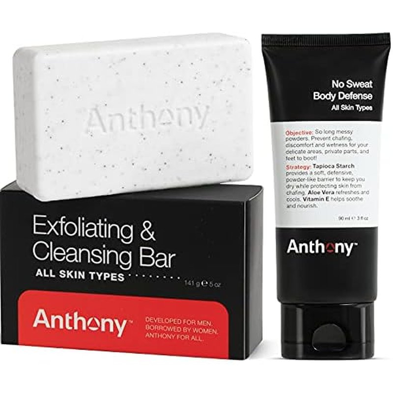 Anthony No Sweat Body Defense, Anti-Chafe Talc Free Cream To Powder Lotion, 3 Fl Oz Exfoliating and Cleansing Bar, Grapefruit, 7 Oz