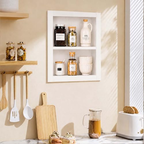 White 14x18'' Recessed Solid Wood Medicine Cabinet with 2-Tier Shelves - No Mirror