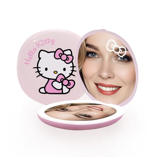 Impressions Vanity Hello Kitty Pretty Pink LED Compact Mirror for Women with 3X Magnification, Pretty Pink Artwork Travel Makeup Mirror with Adjustable Brightness, Touch Sensor with Dimming Function