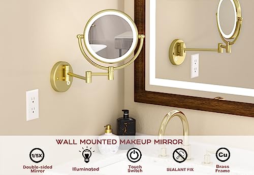 RECKODOR Brushed Gold Wall Mounted Lighted Makeup Mirror 5x Magnification