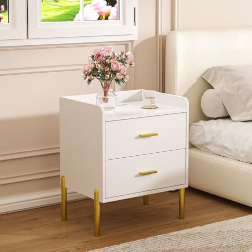 Vabches Nightstand with Built-in Charging Station - White with Gold Handles