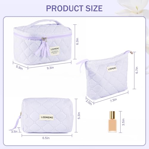 Makeup Bag 3 PCS Cosmetic Bags for Women, Quilted Travel Make up Bag Set Cute Cotton Toiletry Bag Organizer Pouch for Purse, Purple