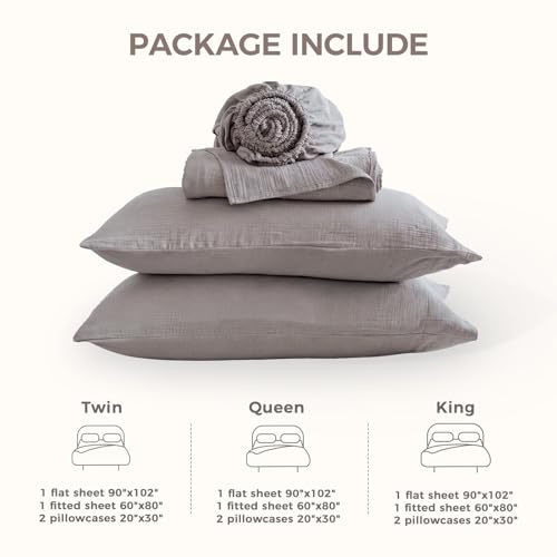 King Size Cotton Muslin Sheet Set - Grey 4-Piece Breathable Bed Sheets