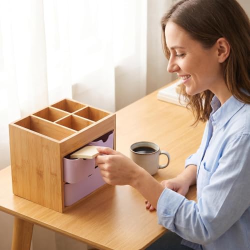 Bamboo Makeup Organizer with 3 Pink Drawers - 5.7"D x 8"W x 7.5"H, Adjustable Dividers