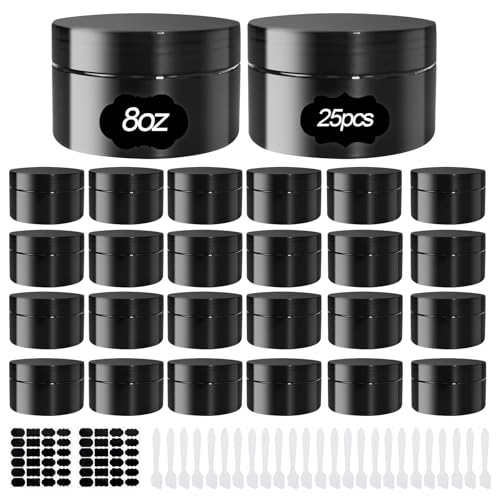 25 Pcs Black Plastic Cosmetic Jars 8oz Refillable Travel Containers with Lids