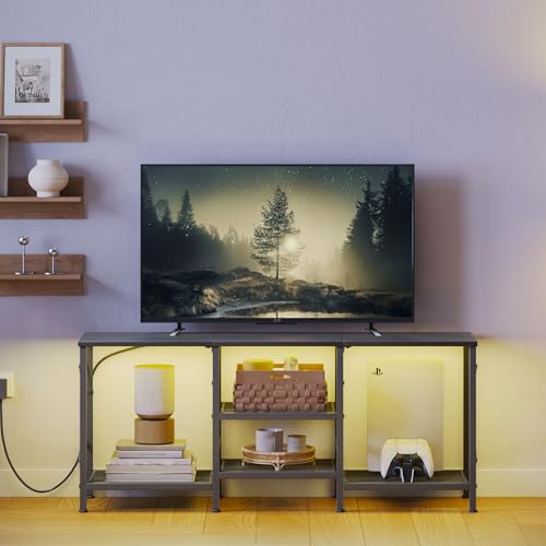 JARHETUN TV Stand for 55 Inch TVs with LED Lights, Black Entertainment Center with 3 Open Shelves and Remote Control