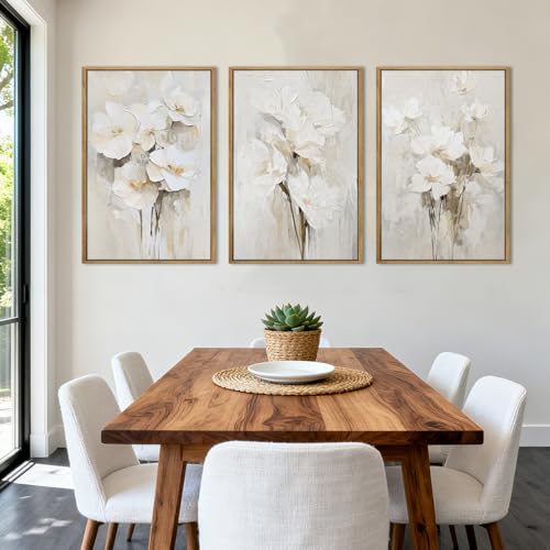 Neutral Floral Wall Art Set of 3 - 16x24 Inch Canvas Wall Decor for Living Room & Bedroom - Variation: 24L x 16W