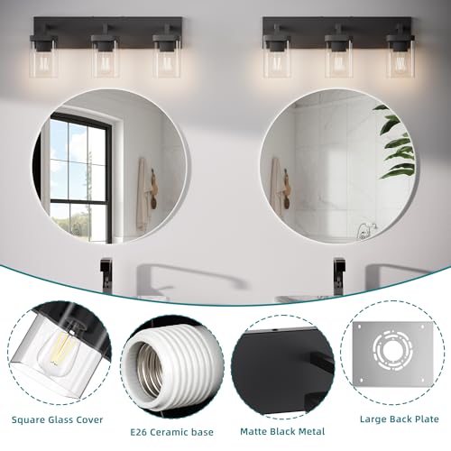 Bathroom Vanity Light Fixture - Black 3-Light Square Design & Large Backplate - Modern Wall Sconce Variation of THIS listing