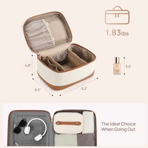 Large Travel Makeup Bag for Women - Vegan Leather, Beige & Brown