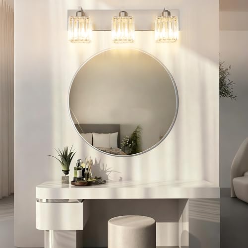 Aipsun Brushed Nickel 3-Light Crystal Bathroom Vanity Light, 23 Inch