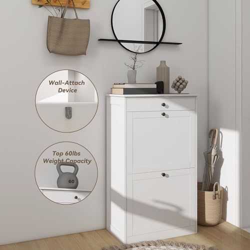 Medium White Shoe Cabinet with 2 Flip Drawers - Slim Modern Storage