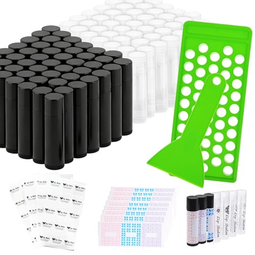 100 Pack Lip Balm Tubes with Filling Tray, Spatula & Labels - DIY Kit (Black & Clear)