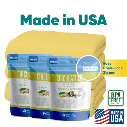 Circulation Foot Soak (3-Pack with Scoop) Foot Soaking Epsom Salts with Pure Essential Oils in BPA Free Pouch with Press-Lock Seal Made in USA, Three 2-Lbs Pouches 6-Lbs Total