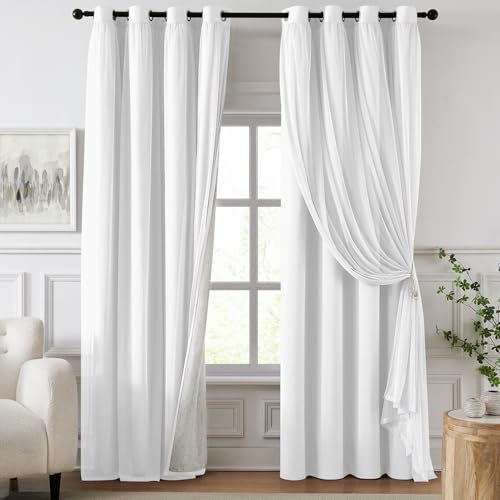 White Blackout Curtains 52W x 84L Double Layer Set - Pack of 2, Grommet Top